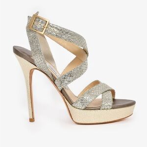 Jimmy Choo Silver Glitter Crisscross Platform Sandals with Gold Buckle